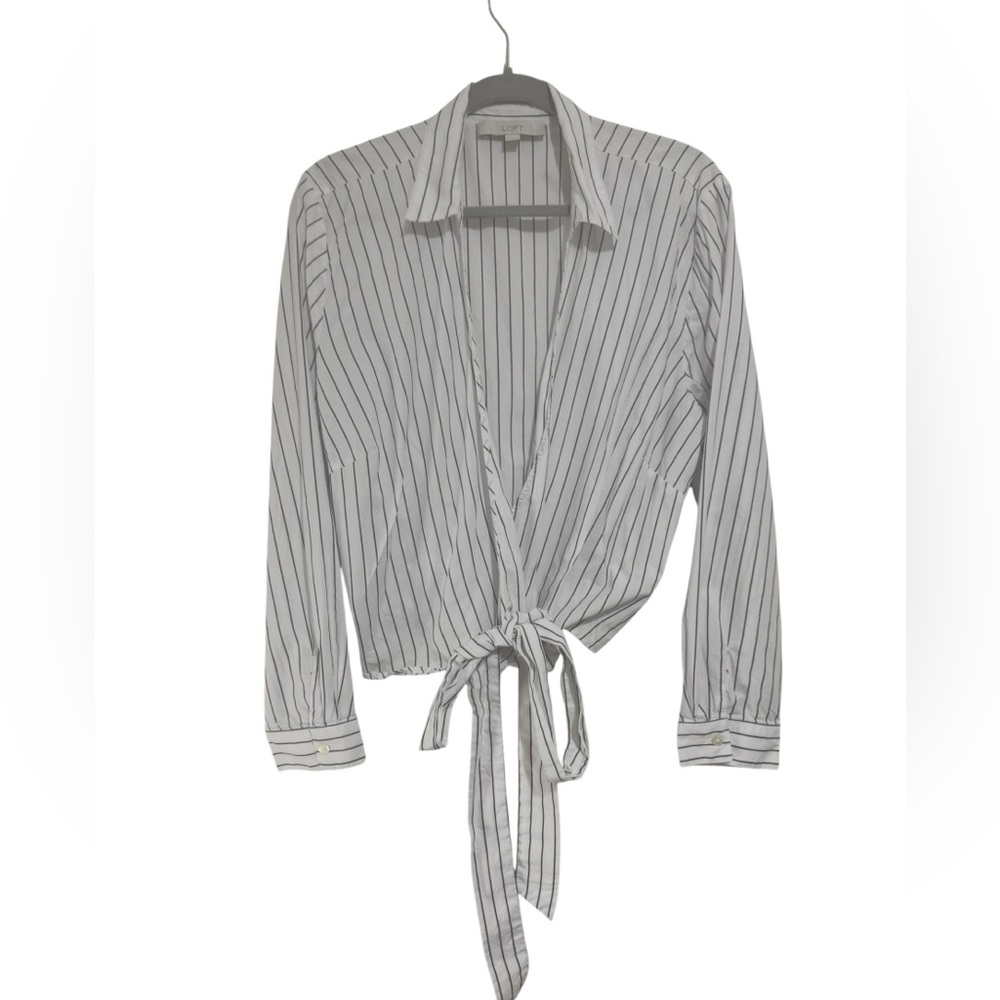 LOFT Black and White Striped Tie Front Wrap Shirt Cotton Blend Size XL